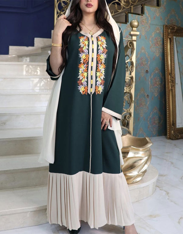 Floral Embroidery Pleated Long Dress For Women